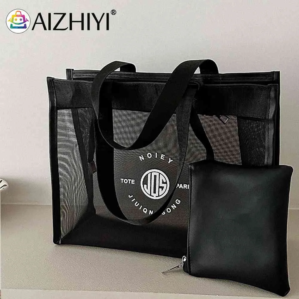 

Сумка Хобо женская из прозрачной сетчатой ткани, модный вместительный саквояж-тоут с надписью и ручками сверху, для отдыха и путешествий, на...