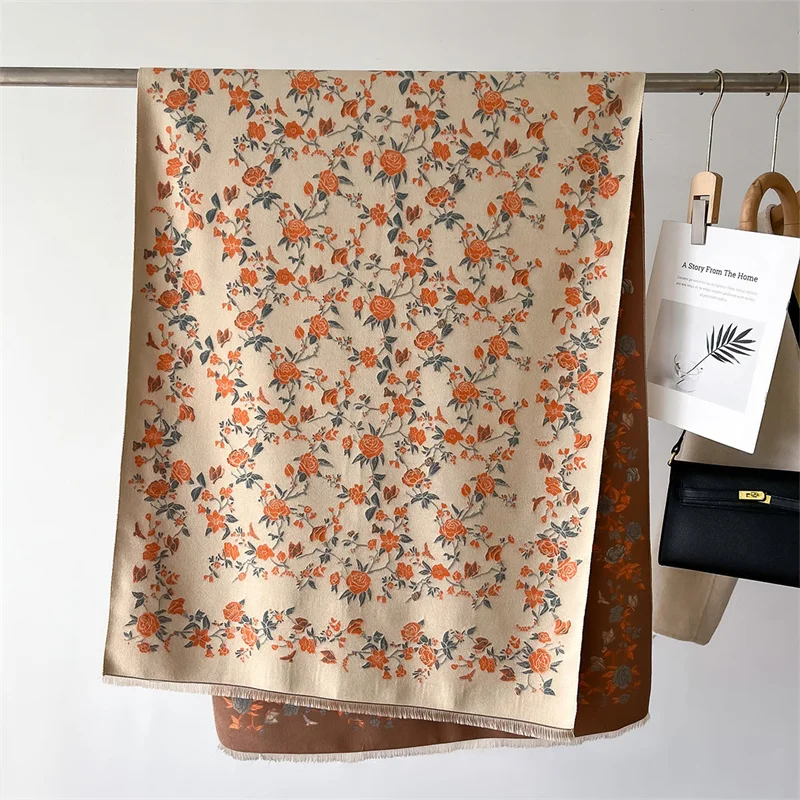 Теплый женский роскошный кашемировый зимний плед повседневный цветочный принт