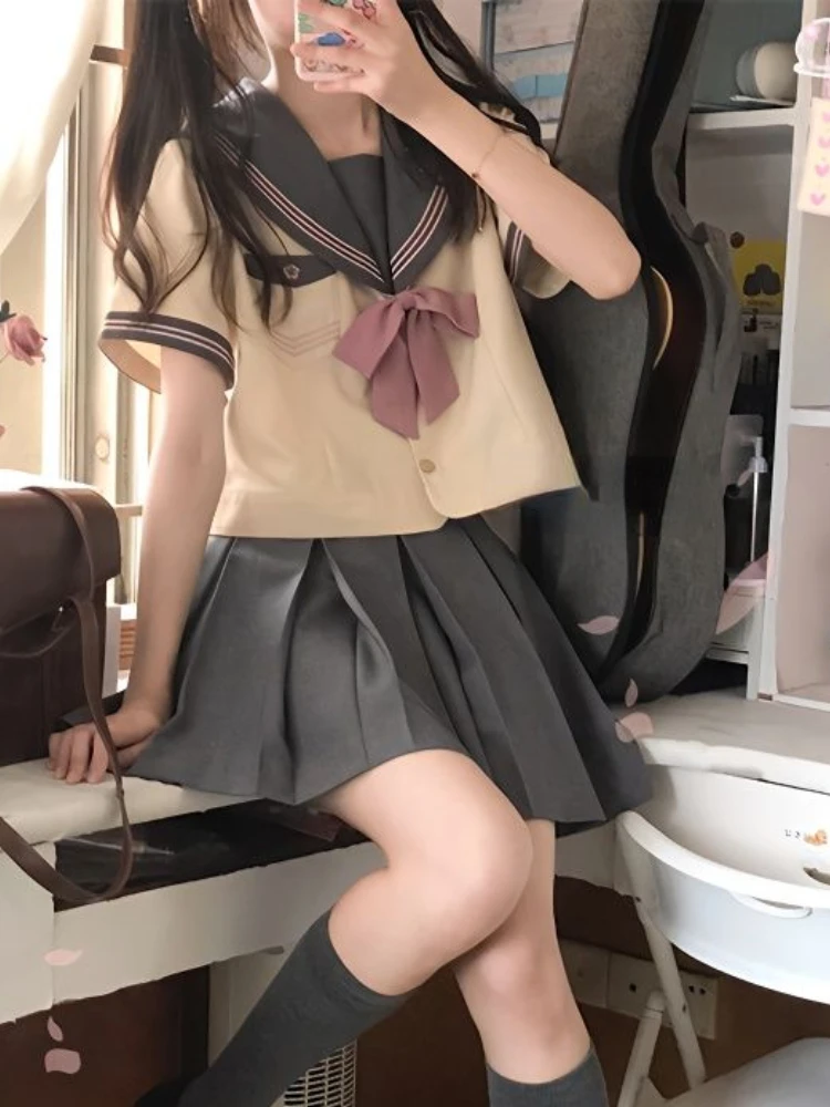 

Japanese School Uniform Two Piece Set Women Preppy Style Bow Kawaii Mini Skirt Suit Female Korean Short Sleeve Sweet Set Summer