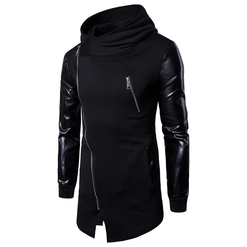 

2022 Spring And Autumn Men's Long Sleeve With Leather Hoodies Solid Color Fashion Male Hoodie Irregular Zipper Design Tops Man