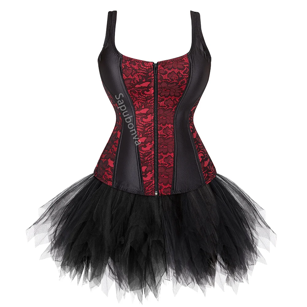 Corset Dress Skrits Top Set With Lace Strap Zipper Costume Party Sexy Burlesque Ladies Outfit Plus Size Gothic Halloween Red