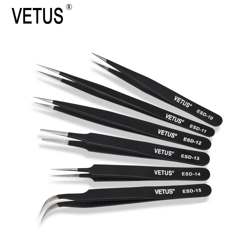 

Pack 0f 6 VETUS ESD Series Electro-Static Discharge Stainless Steel Tweezers Anti-static Antimagnetic Repair Process Components