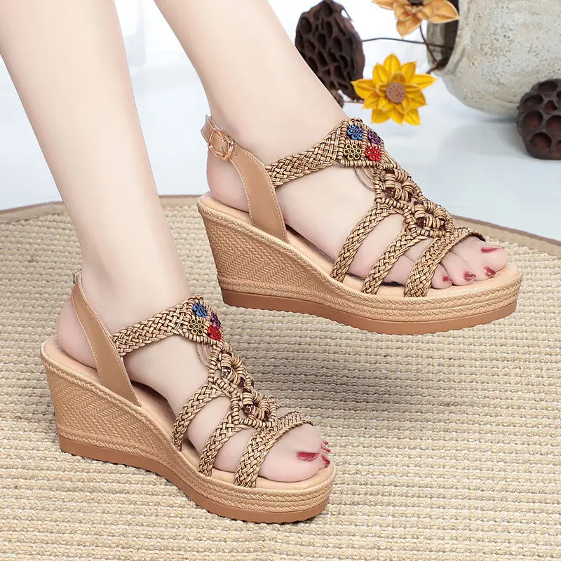 

2022 New Bohemian Sandals Women Summer Wedge Heel Sandals Strap Open Toe Chunky Bottom Casual Shoes Platform Sandals
