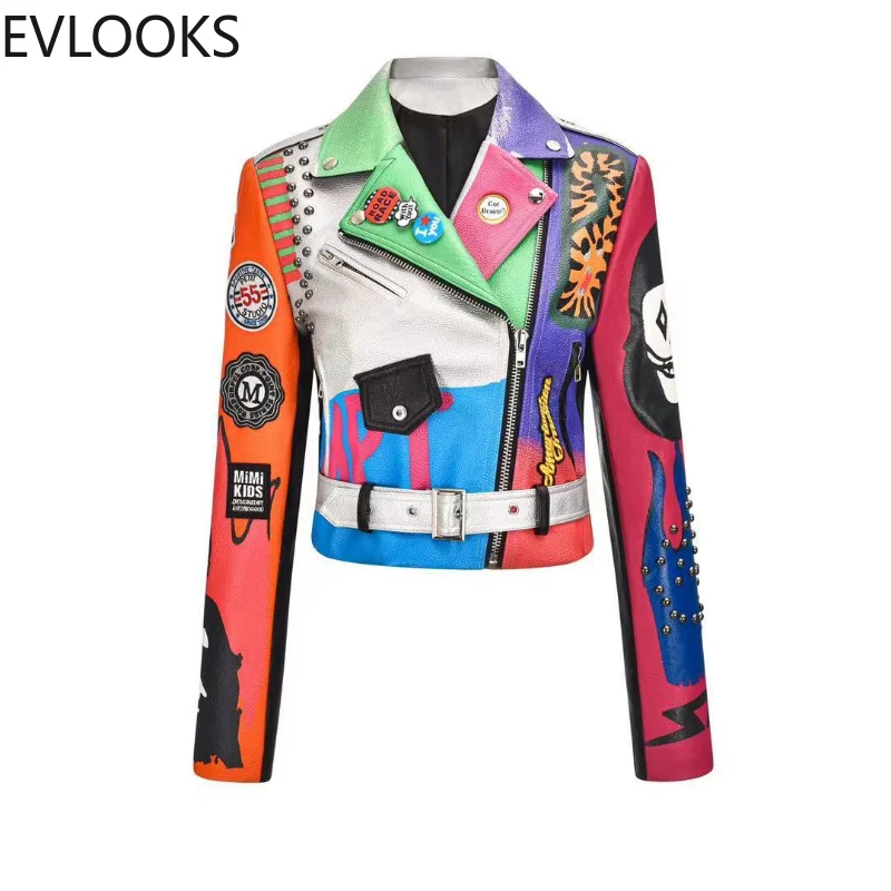 EVLOOKS Europe 2021 Autumn and Winter New Tide Brand Badge Rivet Graffiti Leather Collar Slim Street Short Locomotive