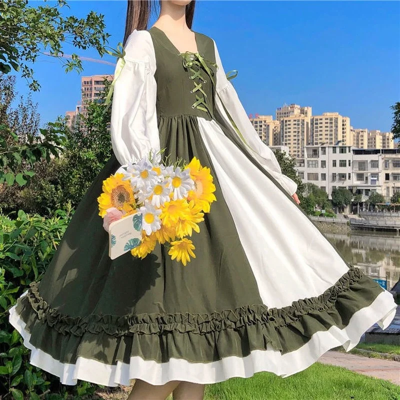 

Japan Fashion Flare Sleeve Lace Up Lolita Autumn Dress Folds Bow Sweet Green Sailor Collar Ruffle Sof Comfortable Woman Dress