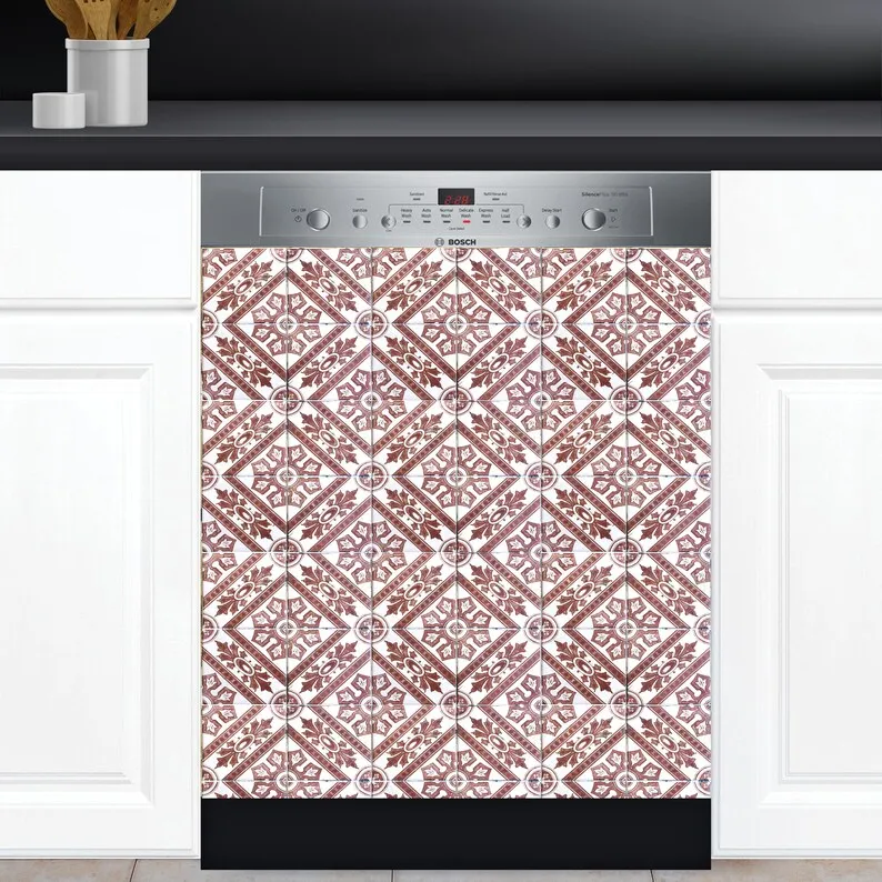 

Dishwasher Cover Choose Magnet Or Vinyl Decal Sticker, Vintage Timeworn Look Portugal Spain Azulejo Tiles Pattern Design D0078
