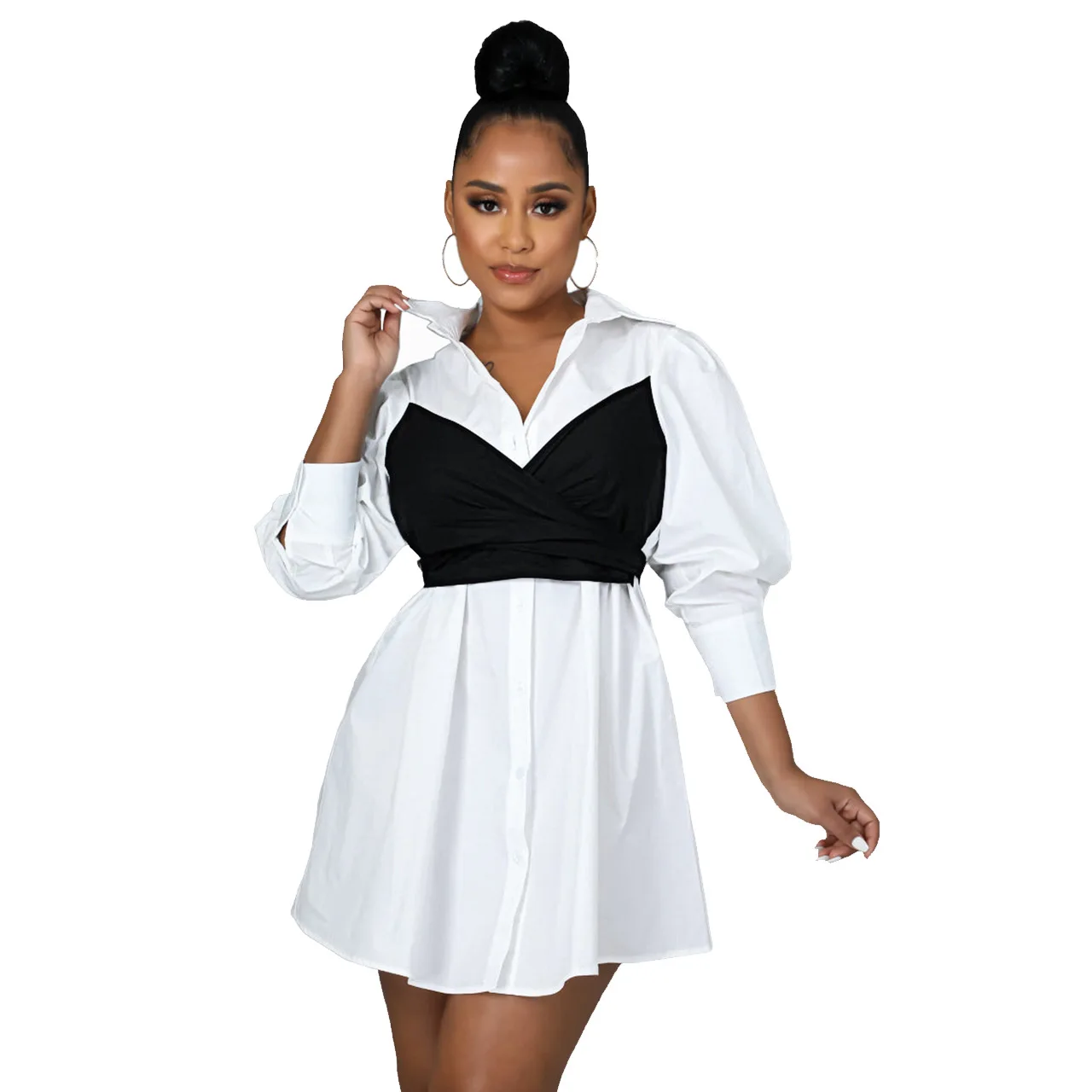 

Сексуальное короткое платье-рубашка со шнуровкой для выпускного вечера Женская одежда для ночного клуба лоскутное платье-рубашка на шнуро...