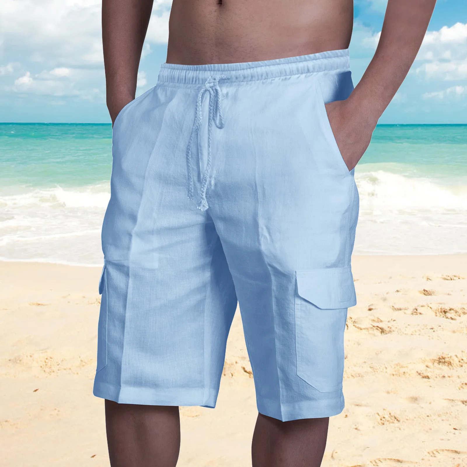 

2022 New Men's Cotton Linen Cargo Pants Male Summer Breathable Blue Color Multi-Pocket Linen Fitness Streetwear Shorts M-3XL