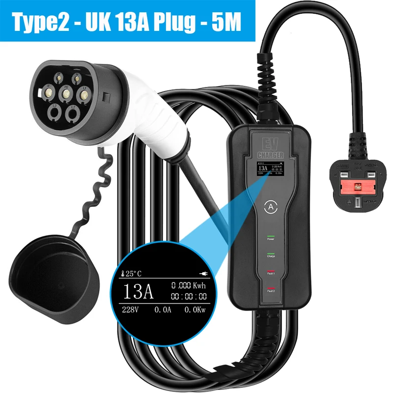 

Portable Electric Vehicle PHEV/EV Charger Type 2 5m Cable Portable Car Charger 13A 3Pin UK Plug Car Accessories