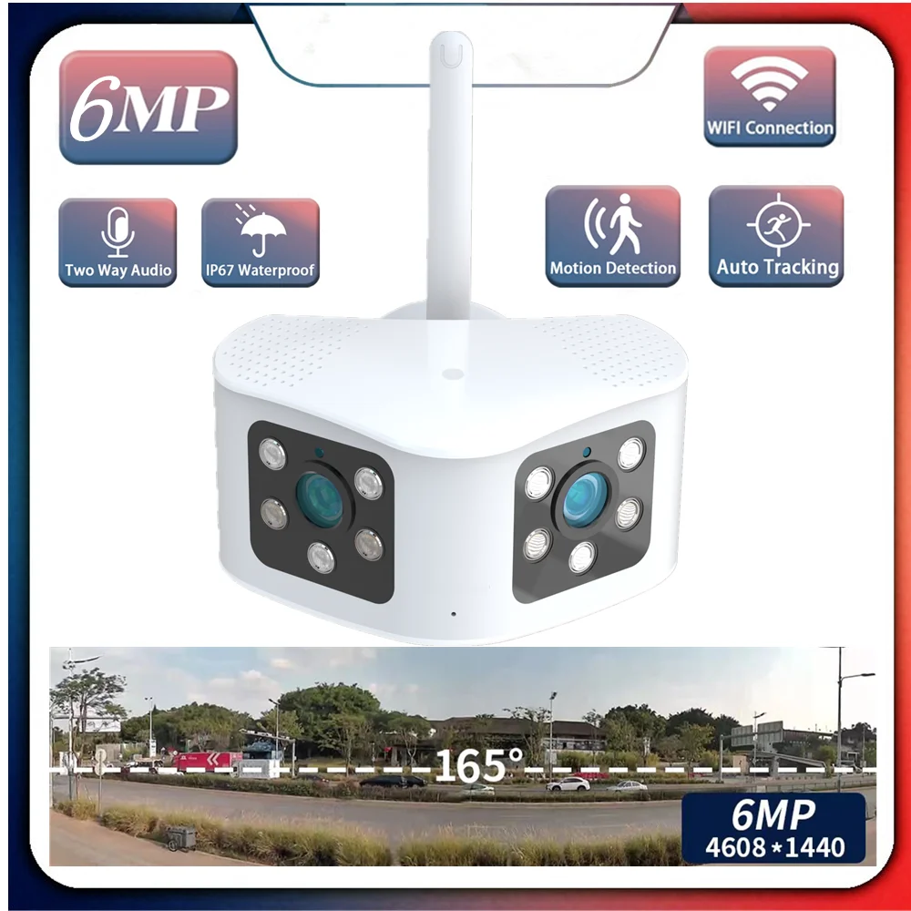 

6MP 4K Dual Lens Panoramic Fixed Camera Ultra Wide Angle 165° WIFI 4K Outdoor Cameras AI Human Detection Wireless IP CCTV Camera