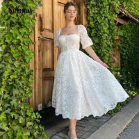 white a line lace fairy prom dresses short sleeve tulle strapless tea length party dress bow graduation gowns back zipper