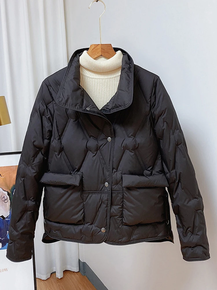 

Ailegogo Autumn Winter Women Ultra Light White Duck Down Coat Casual Female Stand Collar Single Breasted Pocket Parka Outwear