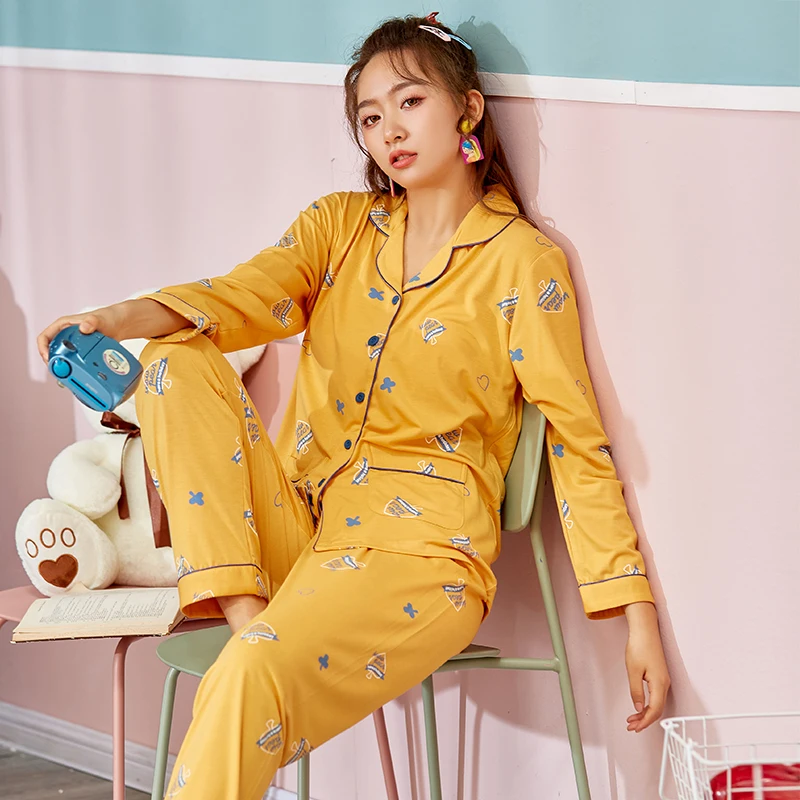 

Новая Осенняя мультяшная пижама с длинным рукавом, Хлопковая пижама из 2 предметов, Женская пижама, Женская домашняя одежда для сна, женская ...