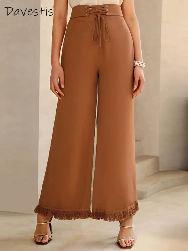 

2023 Spring Fashion Commuting Tassel Wide Pants for Women Casual Loose Drape Slim Micro Flared Trousers Female Tie Waist Pant