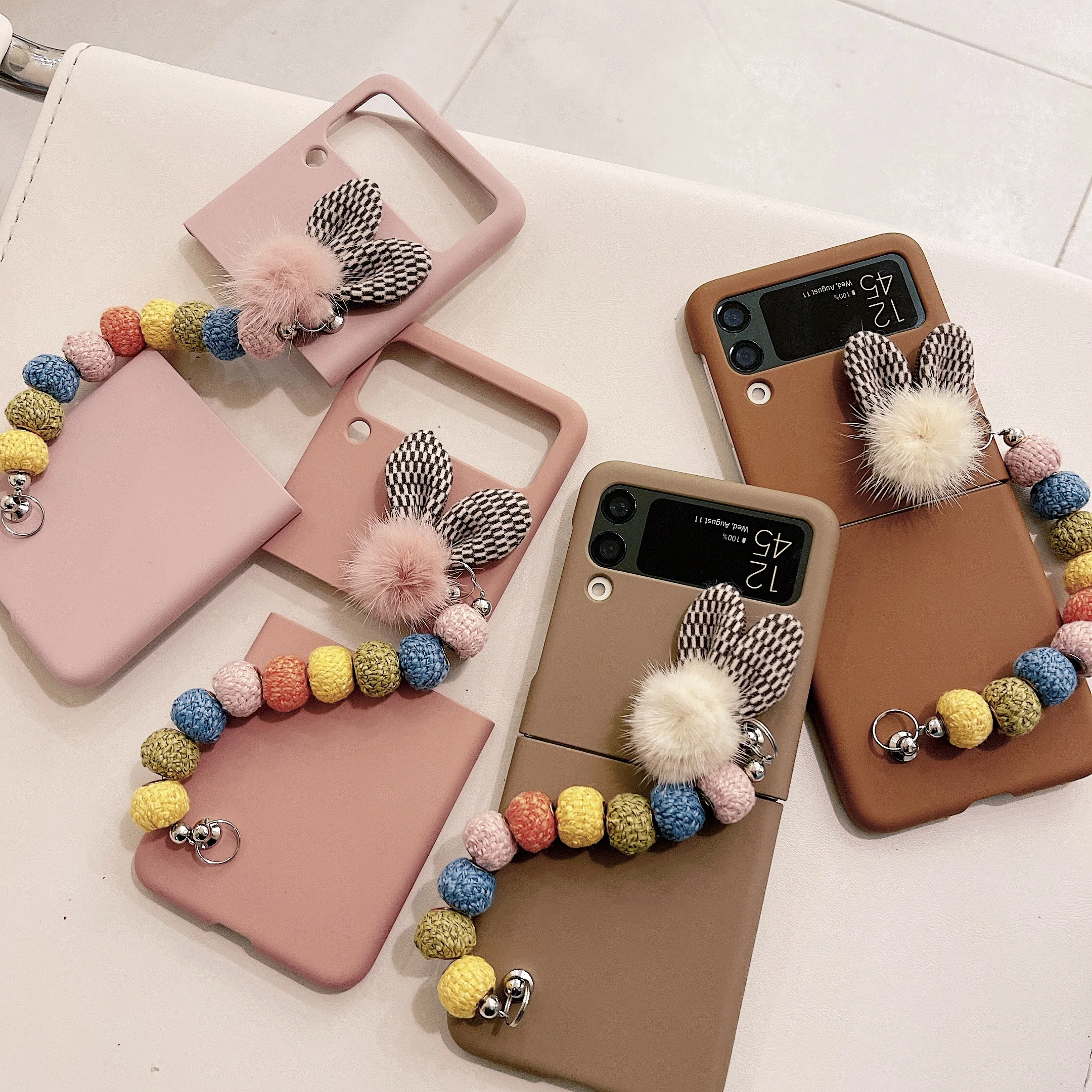 New Cute Rabbit Ears Phone Case for Samsung Galaxy Z Flip 3 5G Bead Bracelet Back Cover for Samsung Z Flip3 Shockproof Shell