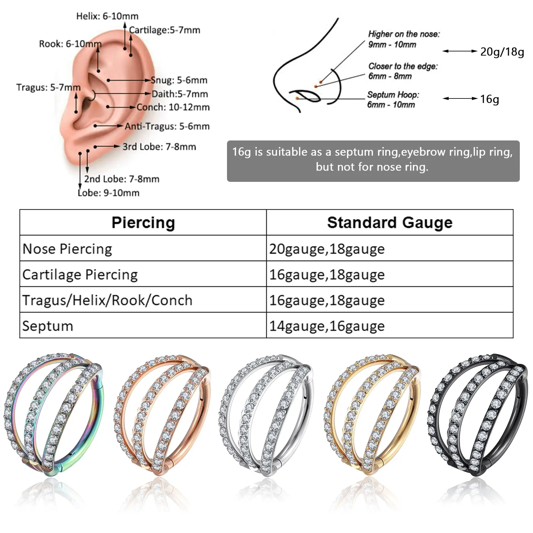 Titanium Nose Rings Septum Clicker Hoop Ear Cartilage Earring Earlobe Piercing Three Rows Zircon Tragus Helix Piercing Jewelry