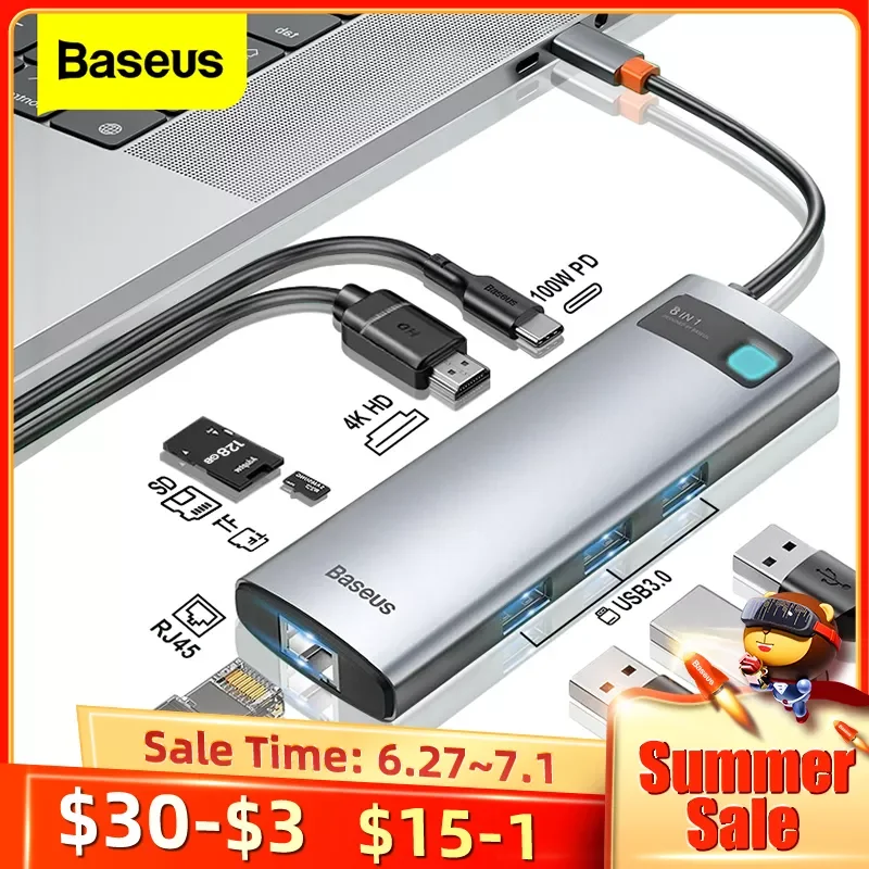 

Адаптер Baseus USB C HUB к HDMI-совместимый адаптер RJ45 кардридер USB 3,0 PD 100W Type C док-станция для Macbook Pro Surface iPad