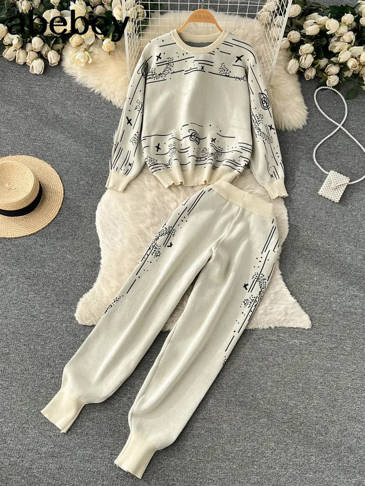 

Женский вязаный комплект из двух предметов, свободный трикотажный топ с узором и длинные брюки с широкими штанинами, Модный повседневный ко...