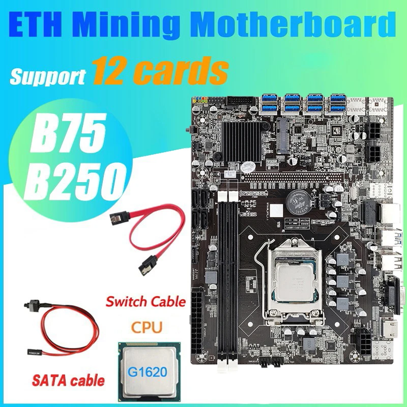 

B250 B75 BTC Mining Motherboard+Switch Cable 12XPCIE To USB3.0 GPU Slot LGA1151 Support DDR4 DIMM RAM Computer ETH Motherboard