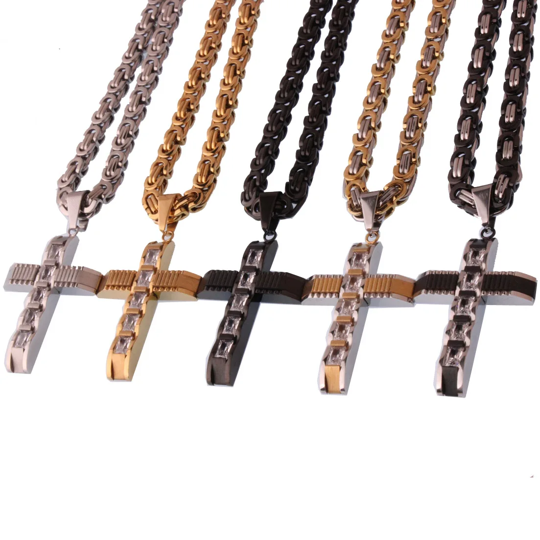 

Cross Pendant Necklaces for Men Stainless Steel Byzantine Chain Gold/Black/Silver Color Men Necklaces Rhinestone Jewelry