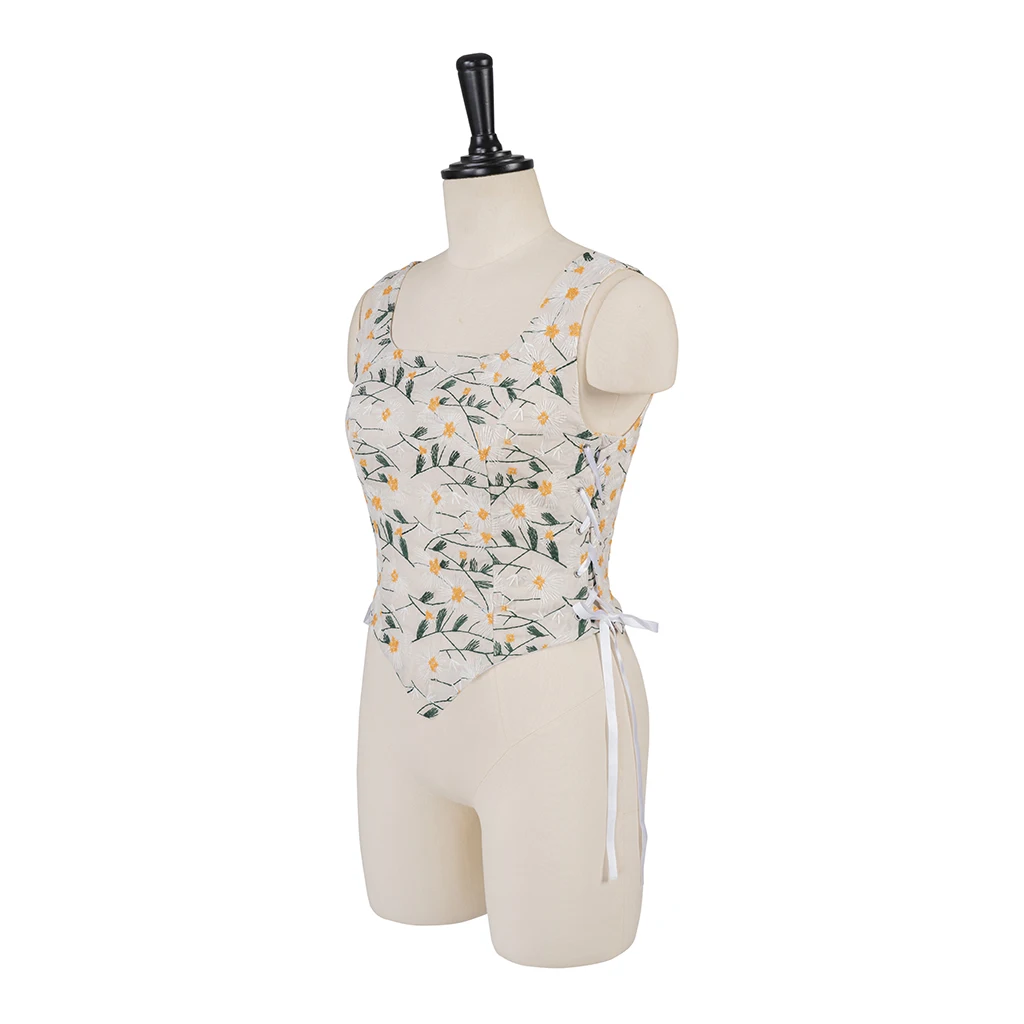 Medieval Retro Embroidery Floral Vest Victorian Casual Regency Dresses Artistic Corset Square Neck