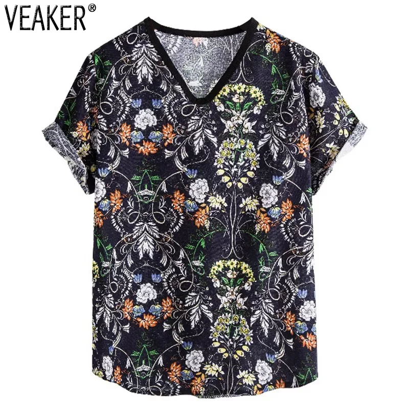 

NEW IN New Men's Breathable Linen T-Shirt Male Short Sleeve Floral Printed t Shirt Summer Beach Casual Tops Plus Size M-5XL