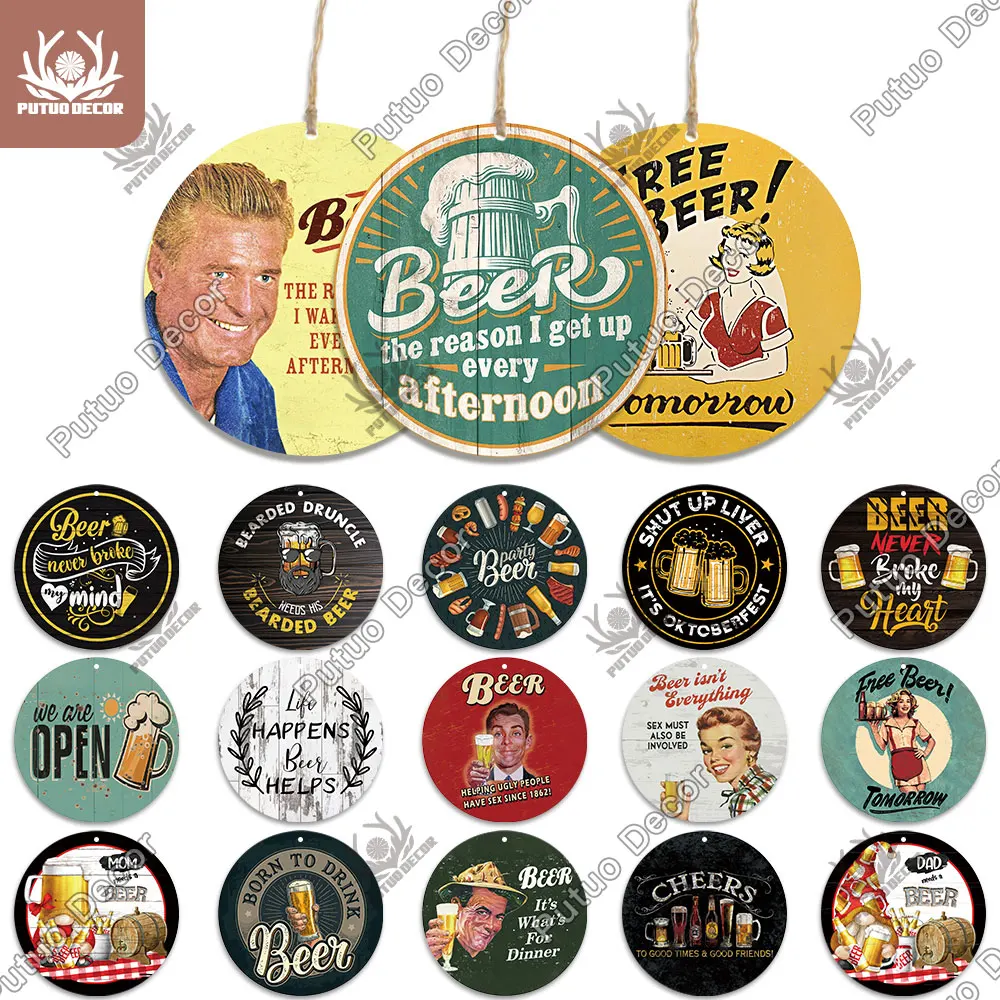 

Putuo Decor Beer Round Vintage Hanging Wooden Plaque Fashioned Wood Sign Gift for Bar Home Pub Man Cave Wall Art Decoration