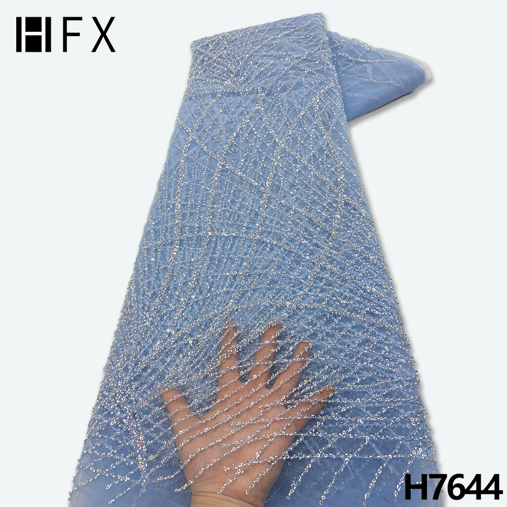 

HFX новейшие нигерийские кружева 2022 высокого качества небесно-голубые блестки кружевная ткань ручной бисер Сетка кружевная ткань для женско...
