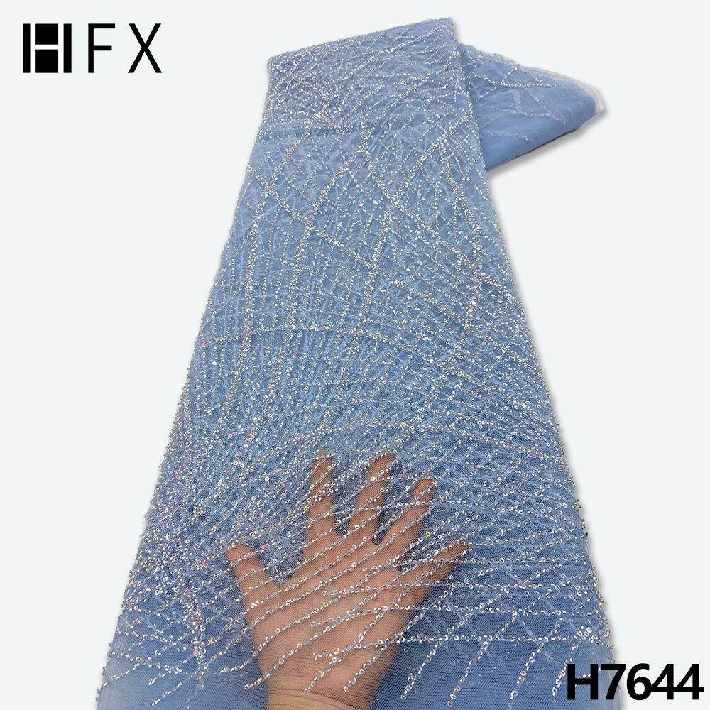

HFX новейшие нигерийские кружева 2022 высокого качества небесно-голубые блестки кружевная ткань ручной бисер Сетка кружевная ткань для женского вечернего платья F7644