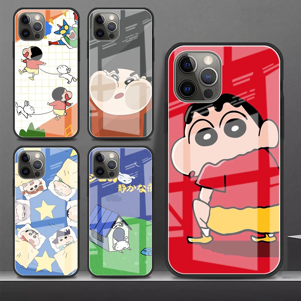 

Стеклянный чехол для Apple iPhone 13, 12, 11 Pro Max, роскошный смартфон Movil XR, X, 8, 7 Plus, 6S, XS, SE, Celular Funda, мультяшный Crayo ShinChan