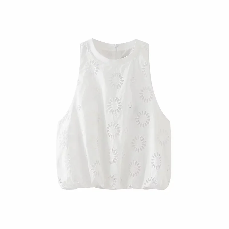 

TRAF Openwork Embroidered Tank Tops For Woman 2023 Summer White Tonal Rib Collar Embroidered Eyelet Puff Hem Sleeveless Top