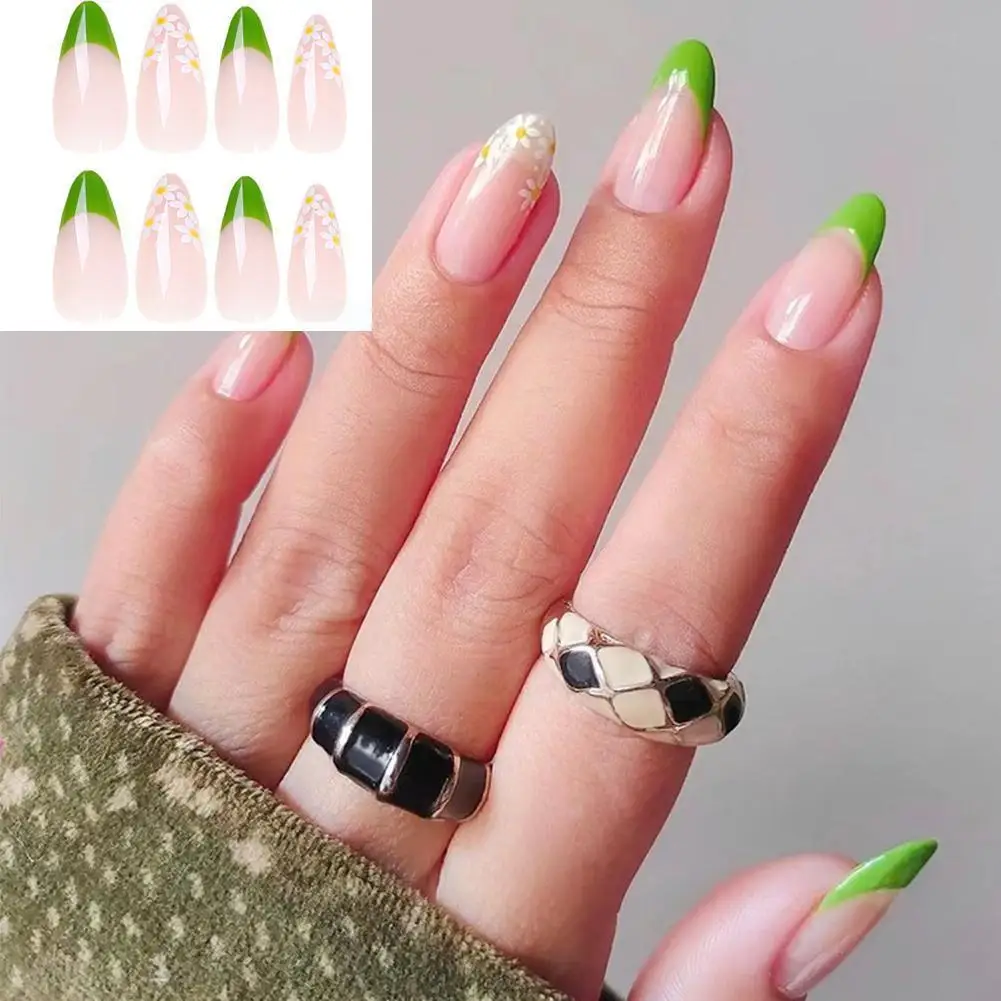 

Flower Stars Almond False Nails Oval Head Artistic Glue Full With Nails Nail Press Tips French Line Cover Shape Nails On Dr K8M8