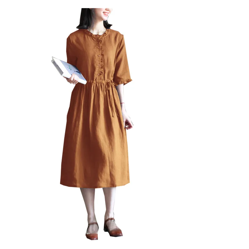 Льняное весенне-летнее женское платье с семиточечным рукавом и воротником