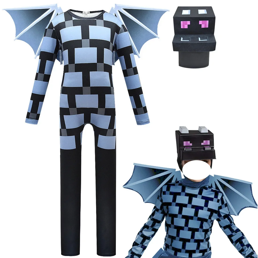 Kids Boys Girls Anime Game Print Long Sleeves Jumpsuit Mask Wing Set Outfit Christmas Role Play Halloween Cosplay Costume