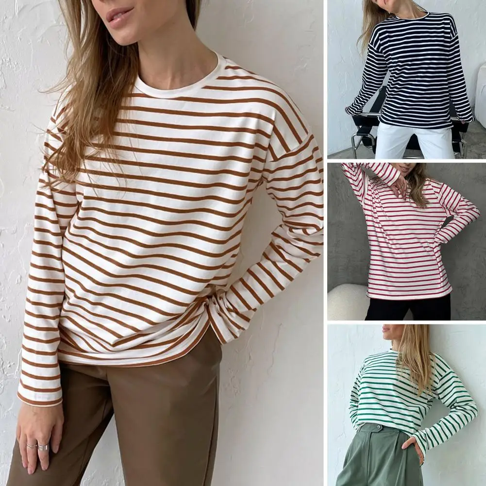 

Spring Autumn Women Striped Print Basic Tee Top O-neck Long Sleeve Casual Tee Shirt Loose Fit T-shirt Streetwear