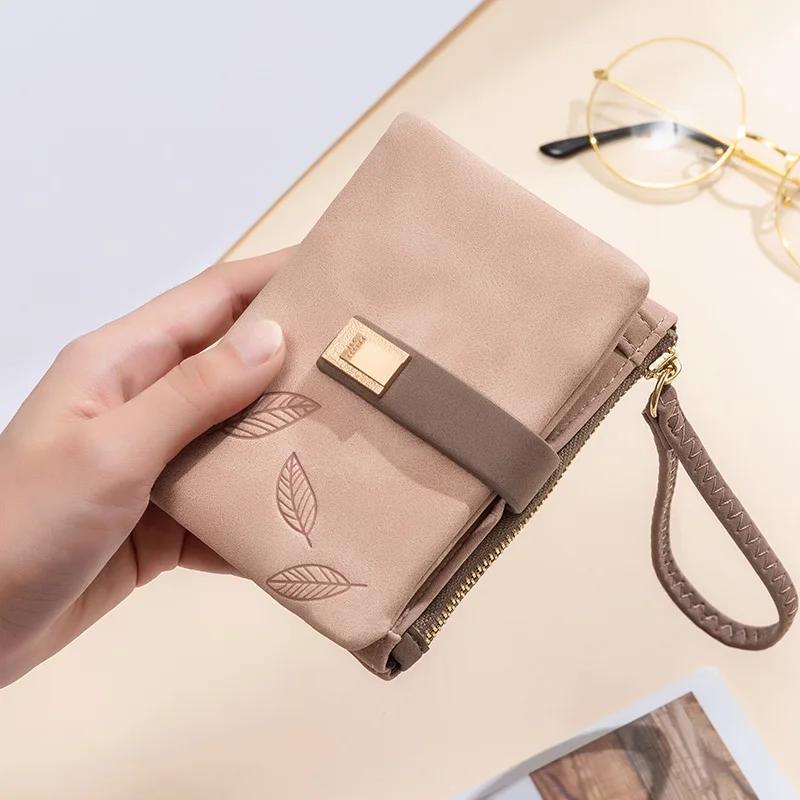 Female Small Wallet Short Leaf Print Women Wallets Ladies Leather Purse Girl Card Holders Wallet with Wrist Strap Cartera Hombre