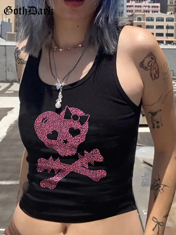 

Goth Dark Skull Rhinestone Graphic Mall Gothic Tank Tops Bodycon Grunge Black Emo Aesthetic Sleeveless egirl Streetwear Crop Top