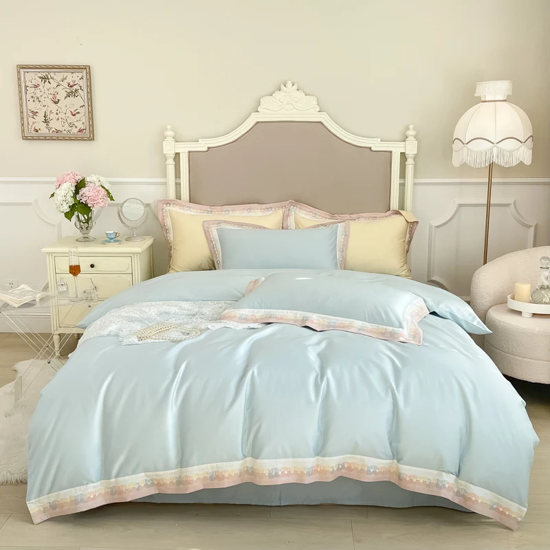 

ABAY 4PCS Bedding Set 1000TC Egyptian Cotton Soft Duvet Cover+Flat bed sheet+Pillowcases Princess Flower embroidery Bed set
