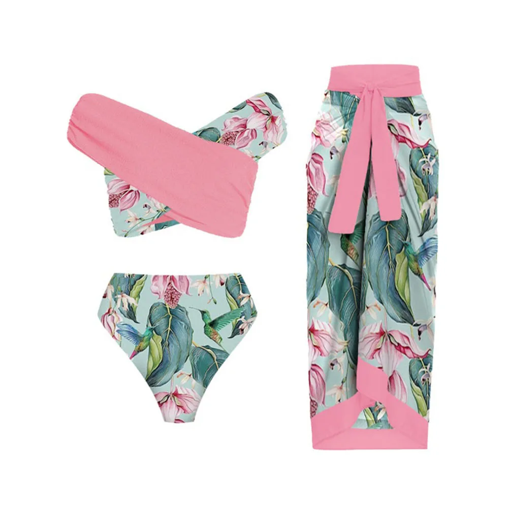 

New Fashion Pink Printed Off Shoulder Split Bikini Simple Sexy Style Comfortable Beachwear and Cover Up