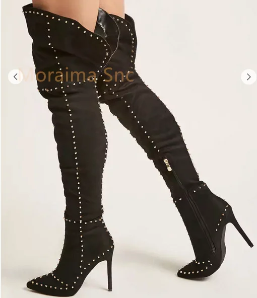 

Женские сапоги выше колена с заостренным носком и заклепками, на тонком высоком каблуке-шпильке, привлекательная модная элегантная зимняя женская обувь с боковой молнией