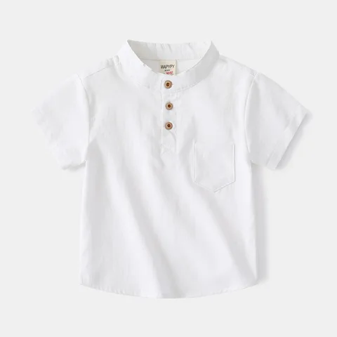Летняя Детская Свободная рубашка с коротким рукавом, однотонная Повседневная хлопковая рубашка с воротником-стойкой для мальчиков, доступна для возраста 3-8, 2 цвета, 2024