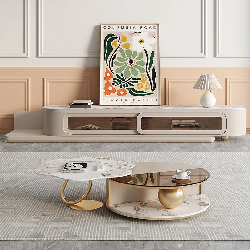 

Light Luxury Rock Board Table Rectangular Tv Cabinet Combination Living Room Glass Petal French Creative Marble Furniture