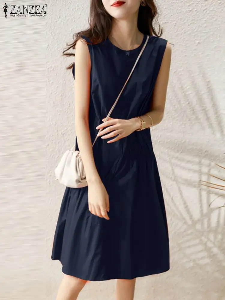 

ZANZEA Fashion Solid Color Short Dresses Sleeveless Tank Dress Women 2023 Summer O-neck Robes Holiday Asymmetrical Pleats Dress