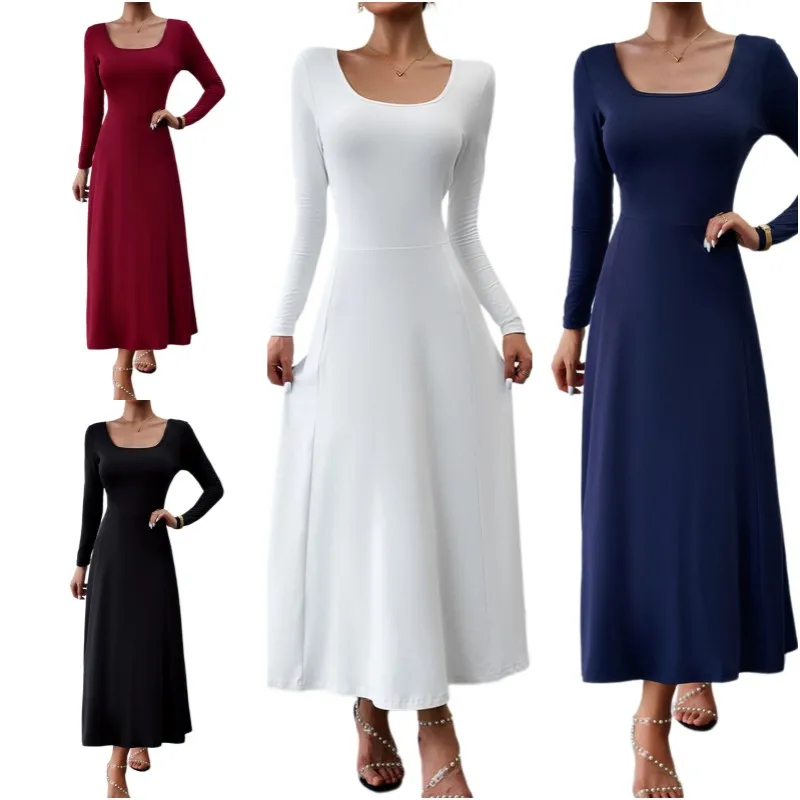 

Платье с длинными рукавами и завязкой на спине, женское простое платье макси с квадратным вырезом, повседневное облегающее платье, однотонное базовое платье для отпуска