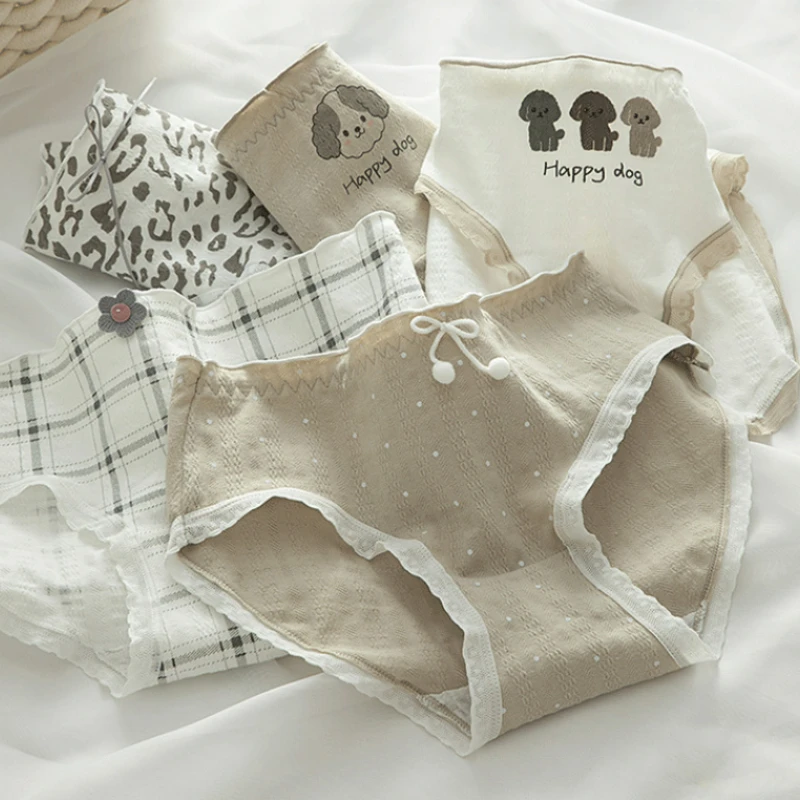 

1pc Women's Cotton Underwear Panty Girls' Cute Printed Briefs Mid Waist Seamless Underpants Female Cartoon Lingerie M-XL