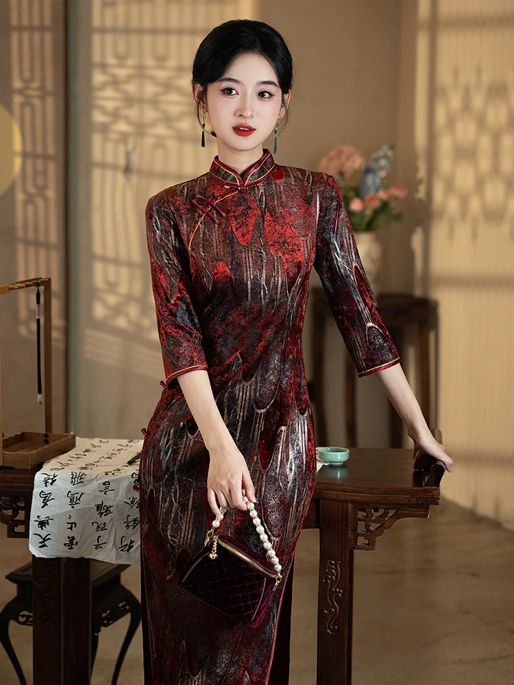 Женское осенне-зимнее бархатное платье Cheongsam традиционное китайское вечернее