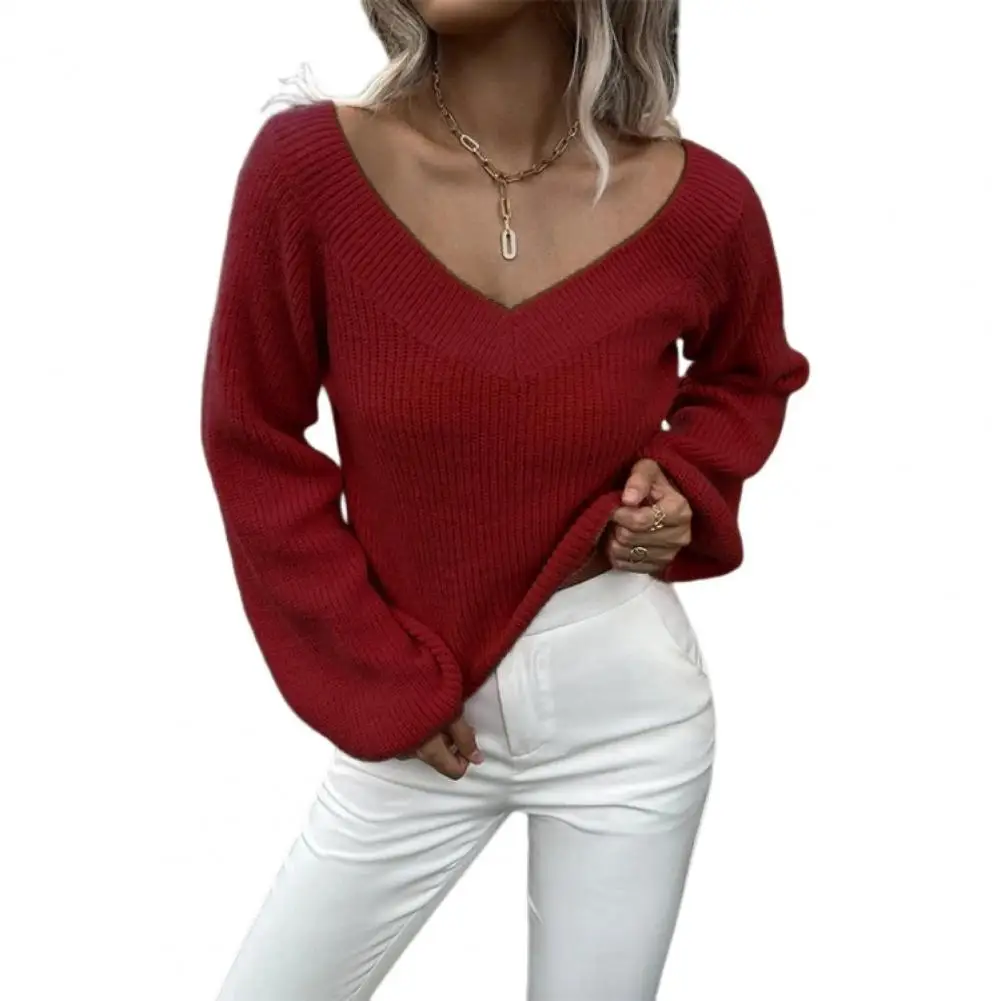 

Knitwear Women Sweater Autumn Winter V Neck Puff Long Sleeves Ribbed Trim Solid Color Loose Pullover Women Sweater Streetwear