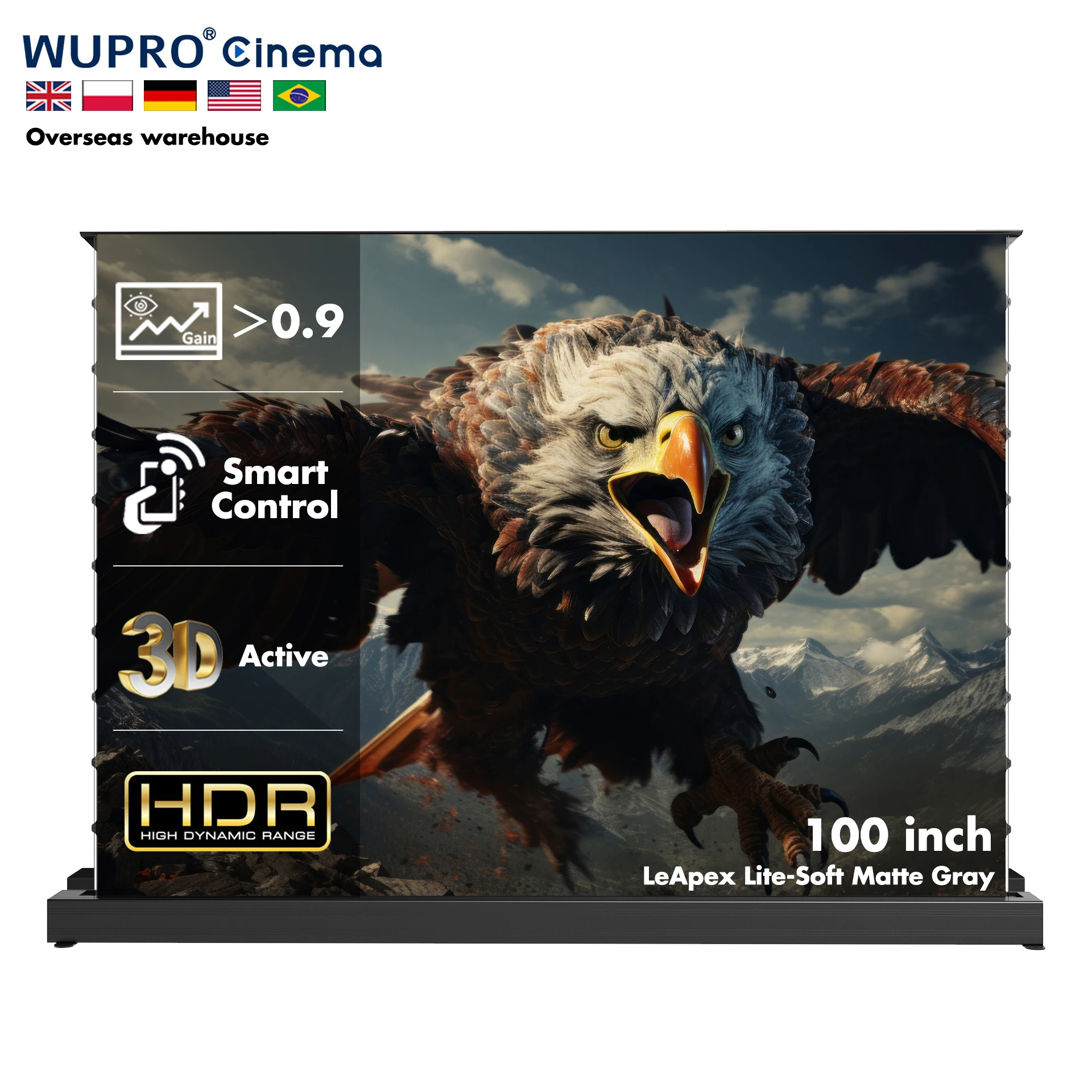 Фото Оптовые поставки проекционных экранов Wupro LeApex Soft Matte Gray с моторным приводом, 4K, 100 дюймов, 16:9, кинематографический, напольный, выдвижной экран для проектора. №1