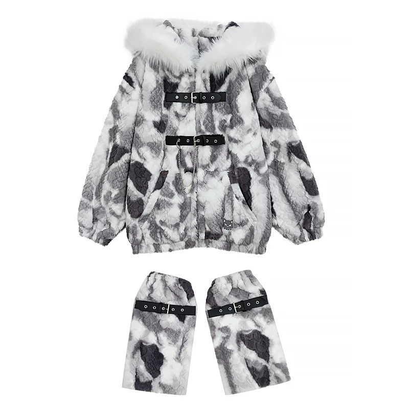 Уличное милое крутое панк-стиль Y2K Пальто с плюшевыми кошачьими ушками и