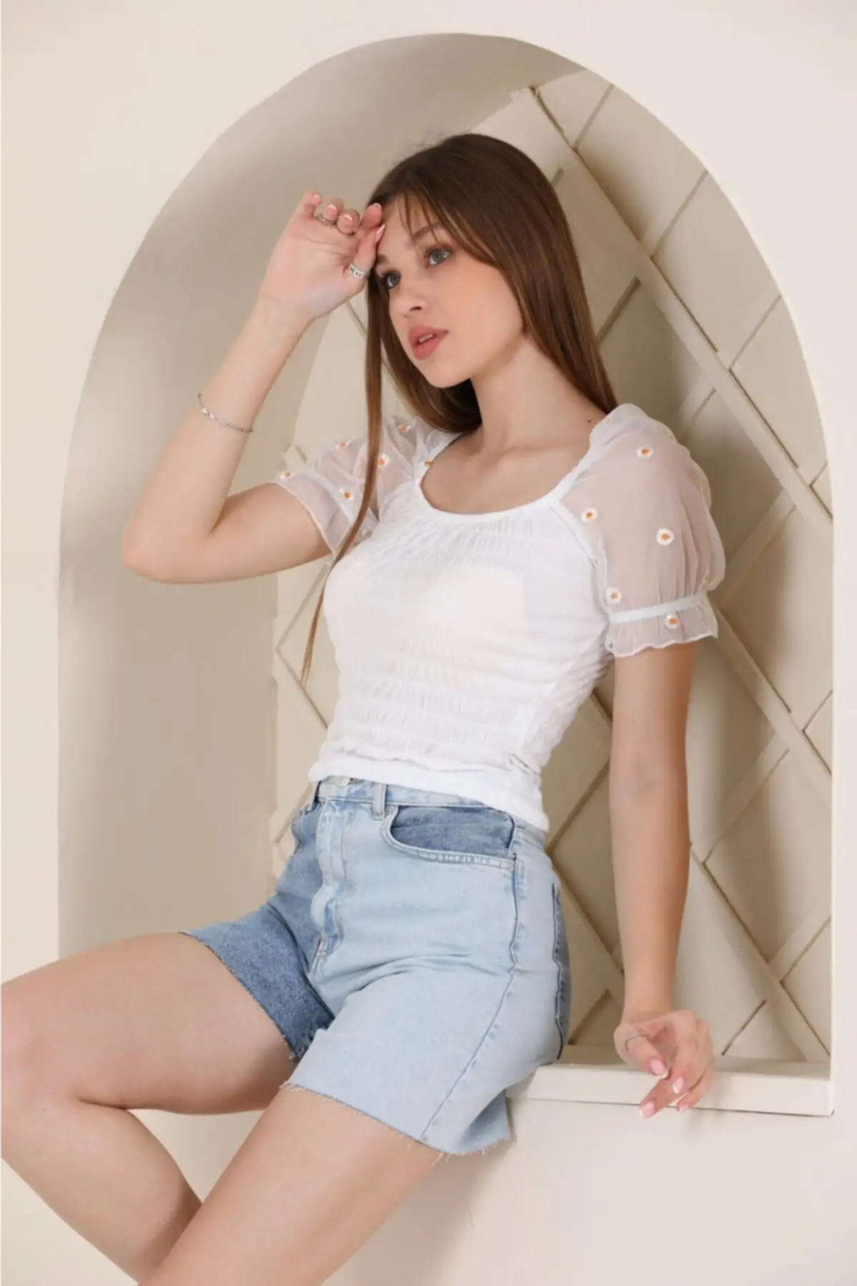 

Women's Overalls White Sleeve Daisy Tulle Detail Hot Style Quality Fabric Sleeveless Baggy Trousers Casual Jumpsuit